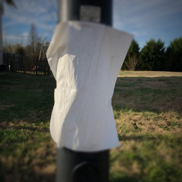Weathered, blank piece of paper, stuck to a light post.